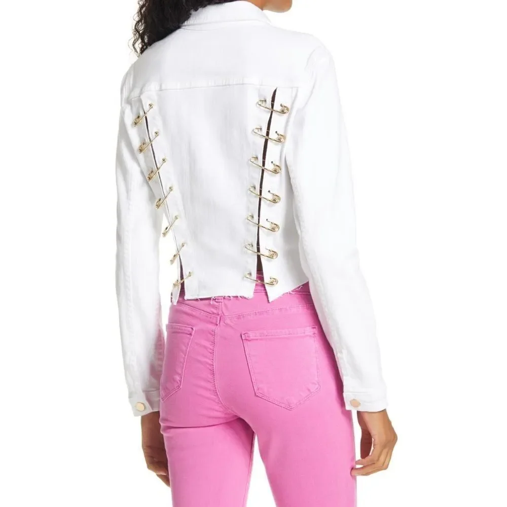 🔥 🧷 NWT L’AGENCE ARIA SAFETY PIN CROPPED DENIM JEAN JACKET - Picture 8 of 13